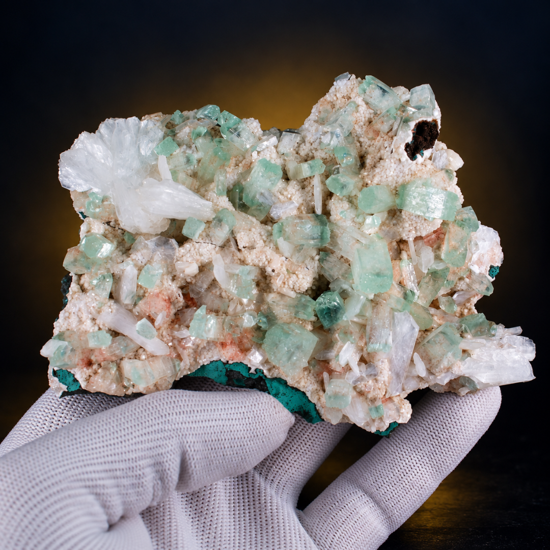 Natural Green Apophyllite with Heulandite Crystal Specimen – India