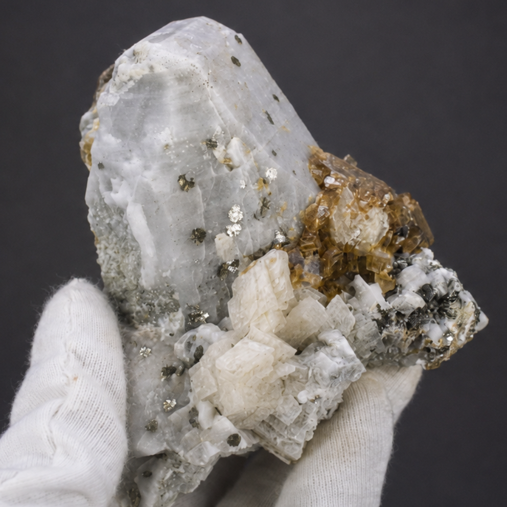 Natural Fluorescent Transparent Apatite with Pyrite & Black Tourmaline on Matrix
