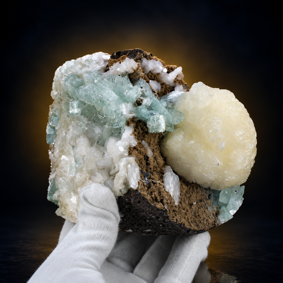Natural Green Apophyllite with Heulandite Matrix Crystal Specimen – India