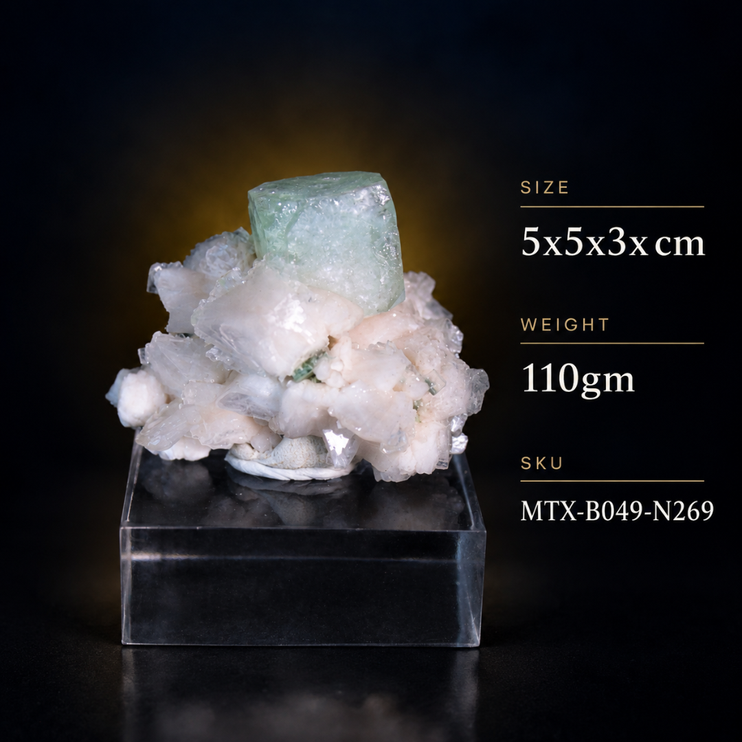 Natural Green Apophyllite Cube with Heulandite Crystal Matrix – Mineral Specimen from India