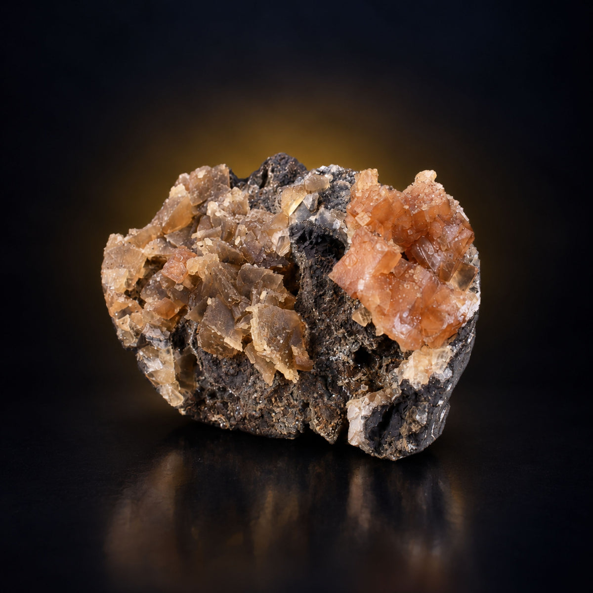 Tabular Red Calcite on Dark Rocky Matrix · 250 g · 9 × 7 × 4 cm