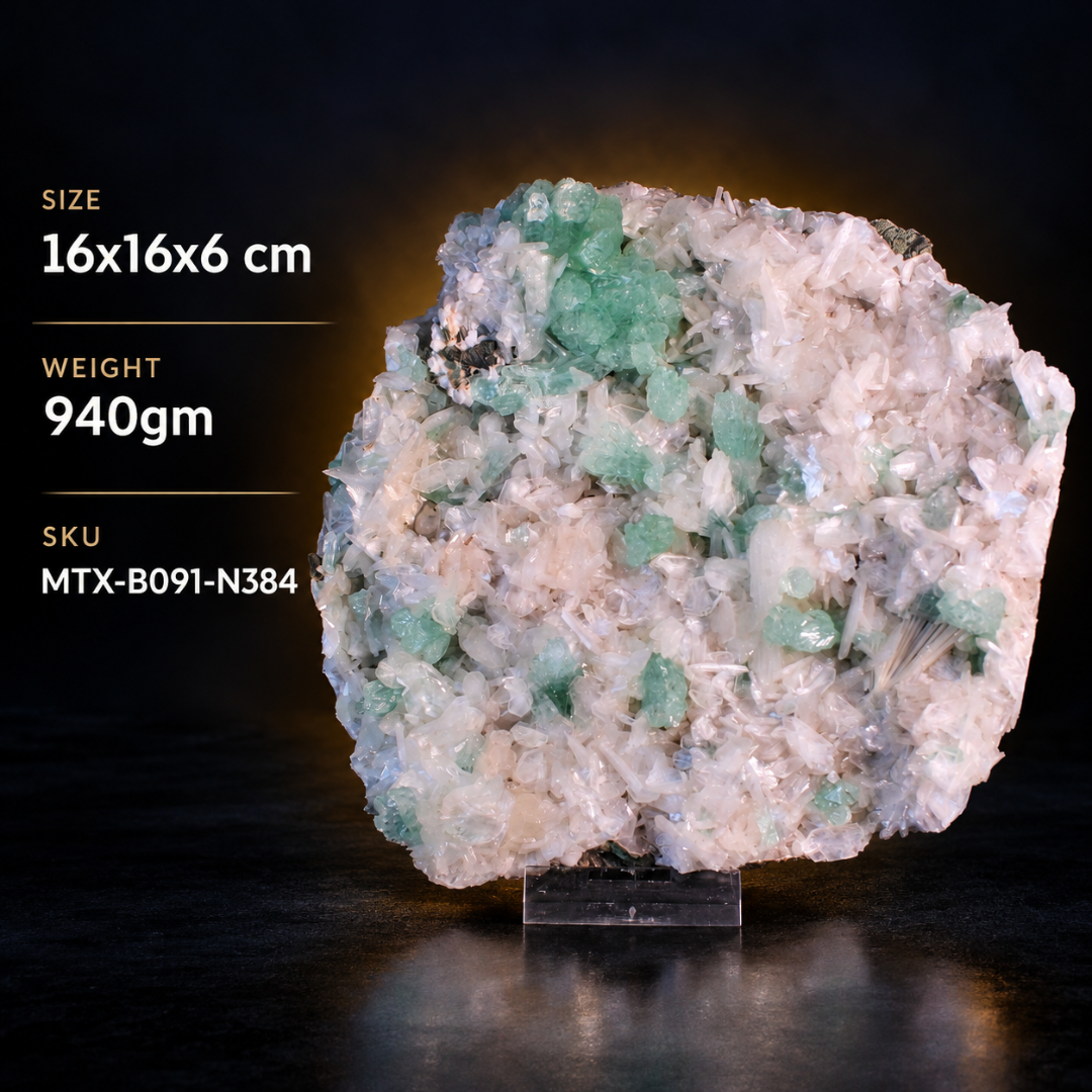 Natural Green Apophyllite with Heulandite & Scolecite Crystal Specimen – India
