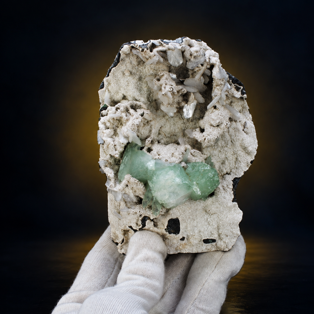 Natural Green Apophyllite with Heulandite Crystal Specimen – India
