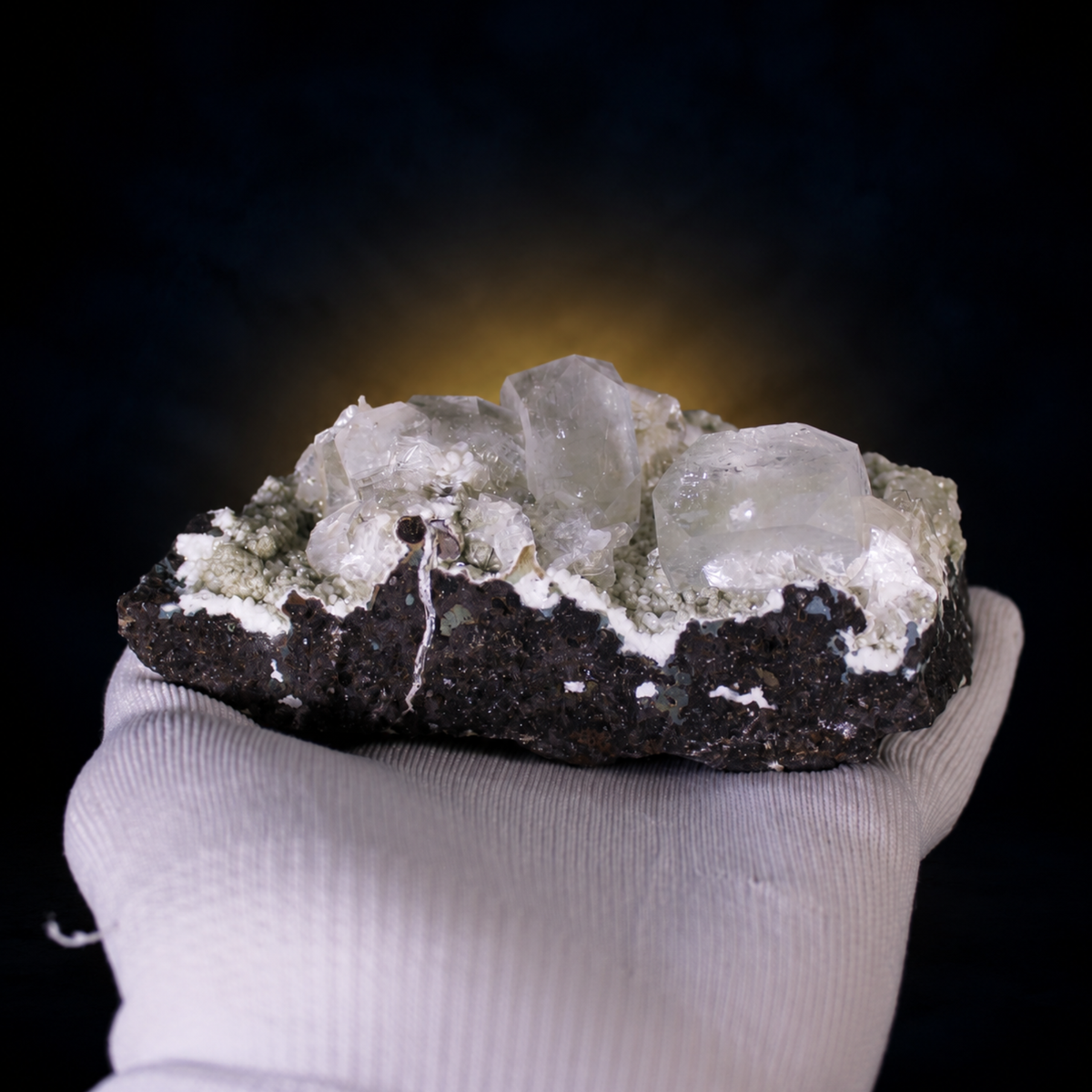 Natural White Apophyllite Crystal Cluster with Stilbite on Basalt Matrix – 500 g