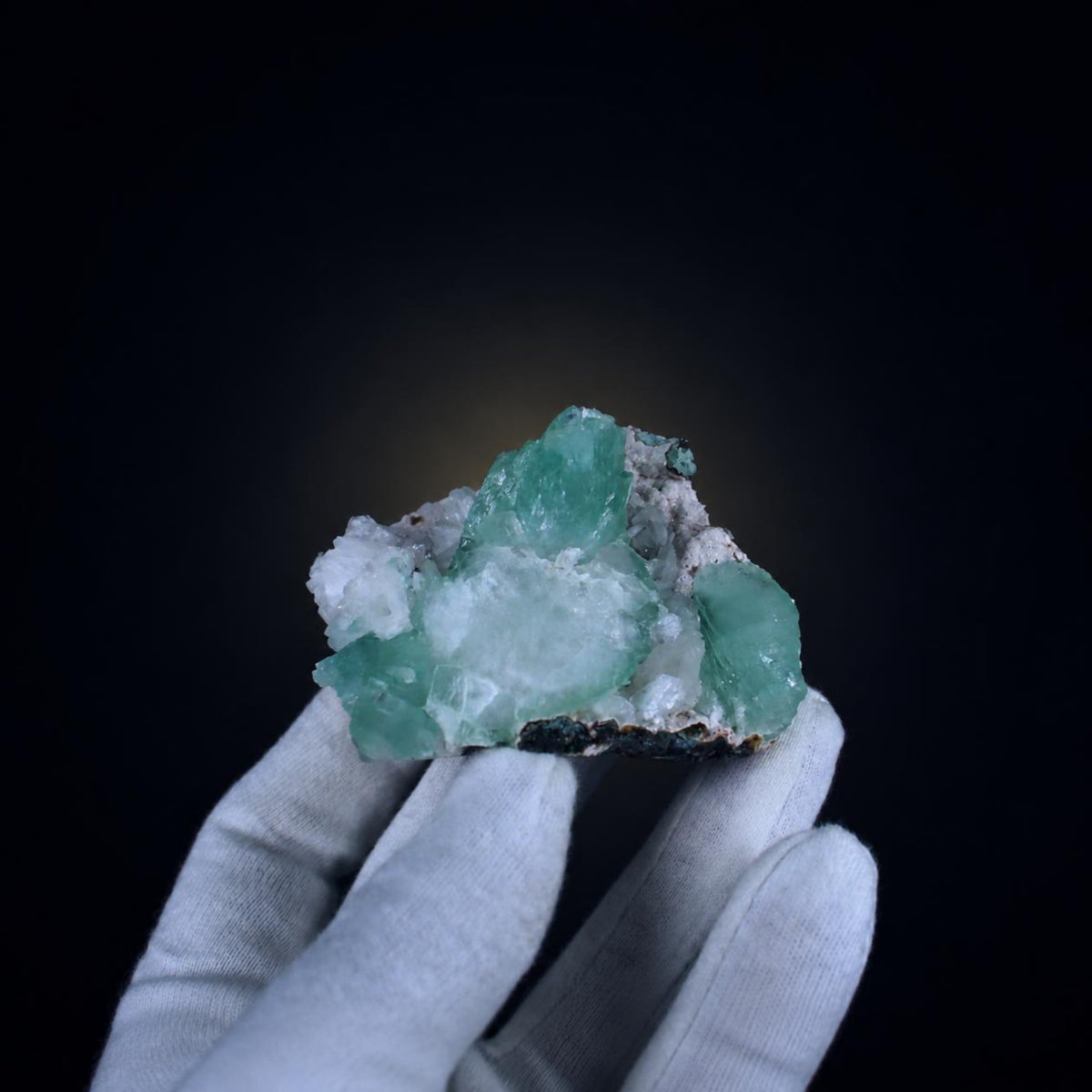 Green Double-Terminated Tabular Apophyllite on White and Dark Brown Matrix · 150 g · 7 × 6 × 5 cm · Pune, Maharashtra, India