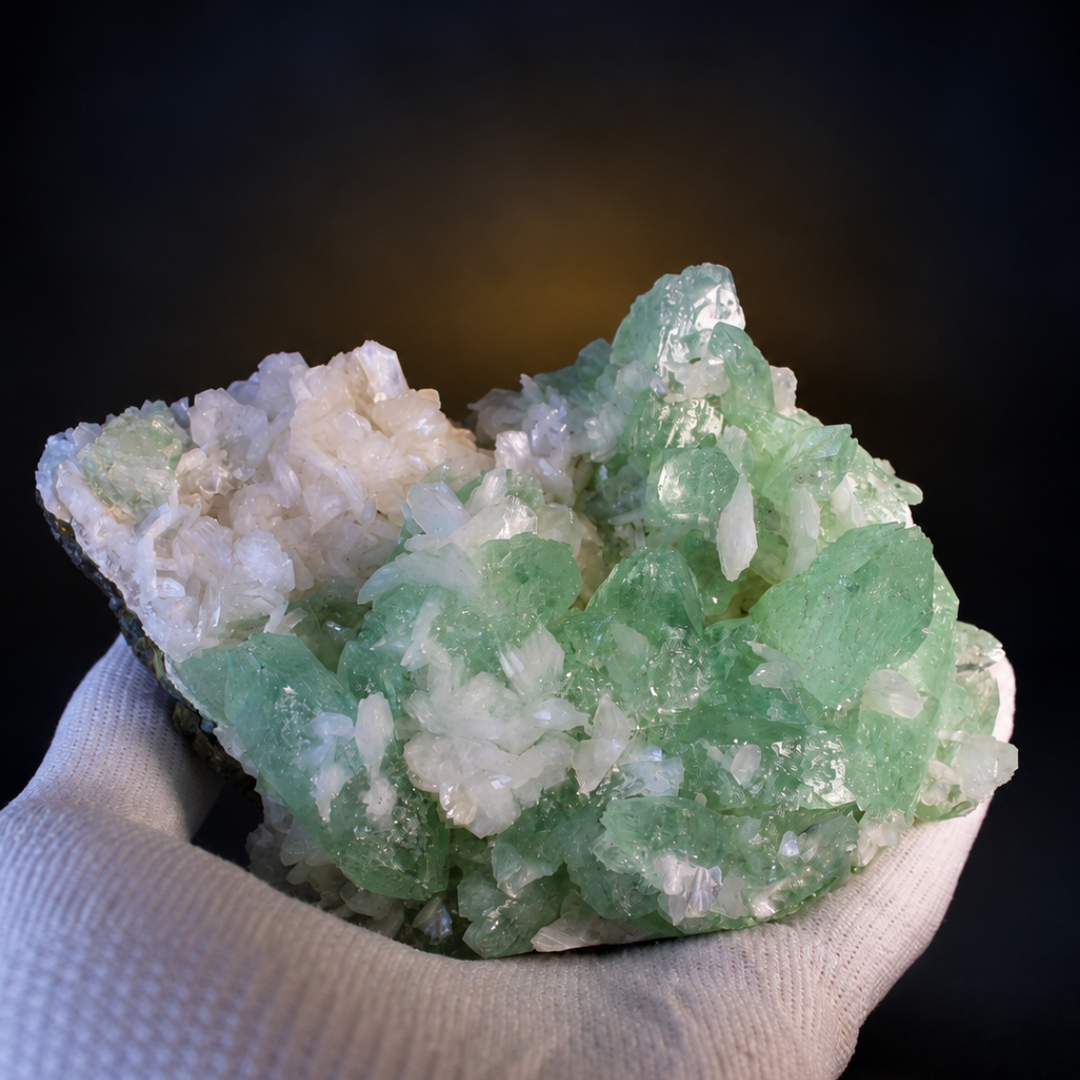 Natural Green Apophyllite, Stilbite with Heulandite Crystal Specimen – India