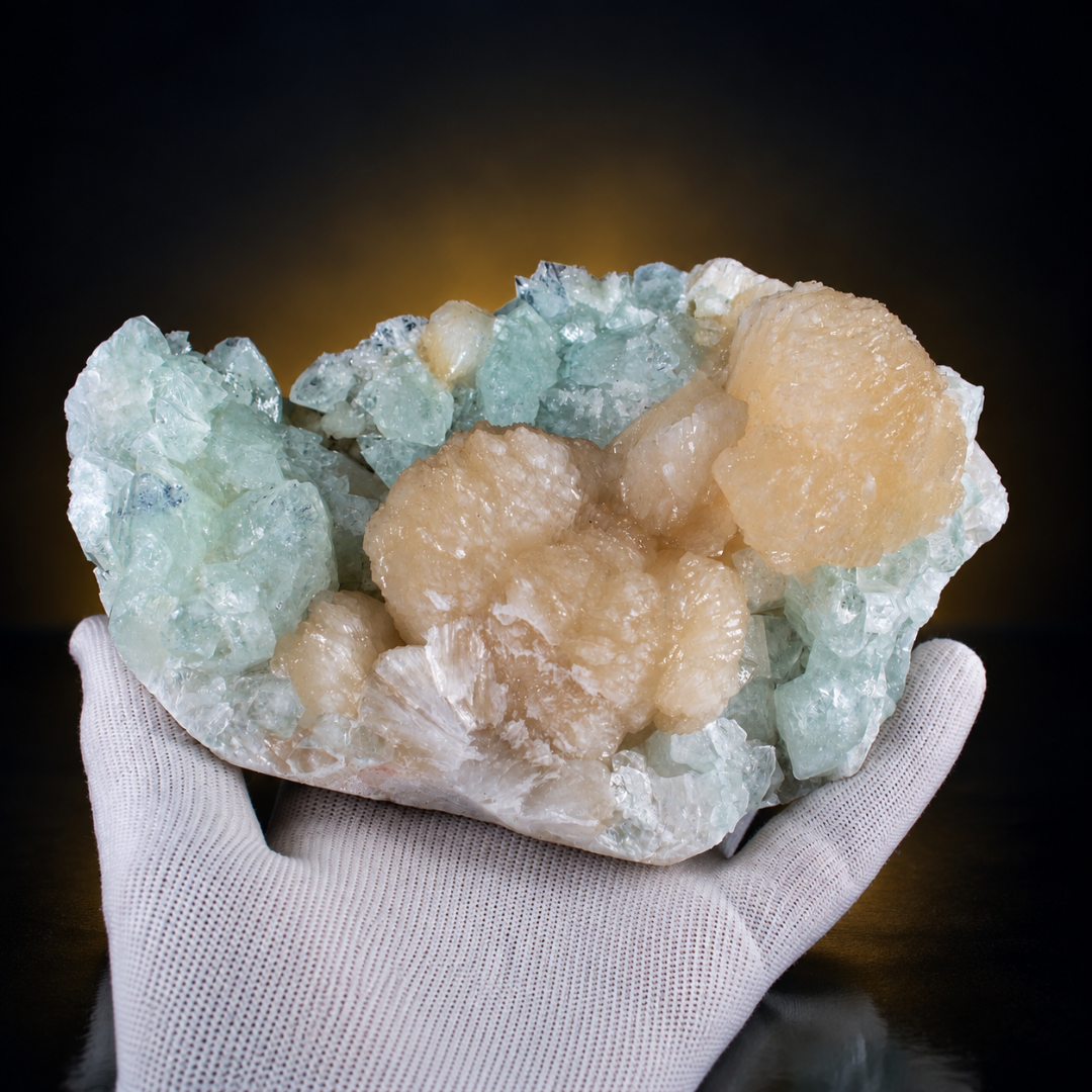 Natural Green Apophyllite with Heulandite Crystal Specimen – India