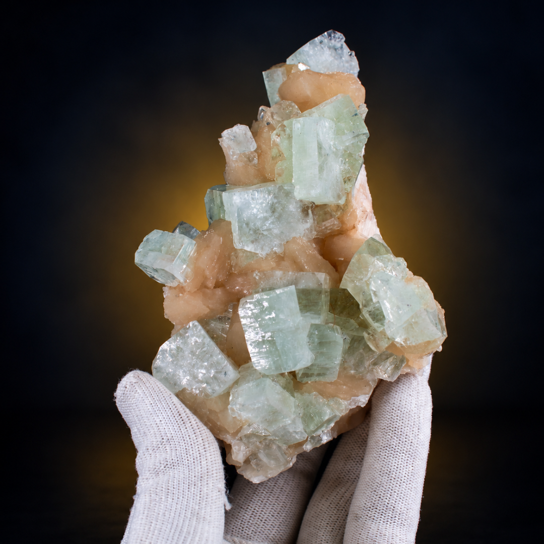 Natural Green Apophyllite with Heulandite Crystal Specimen – India