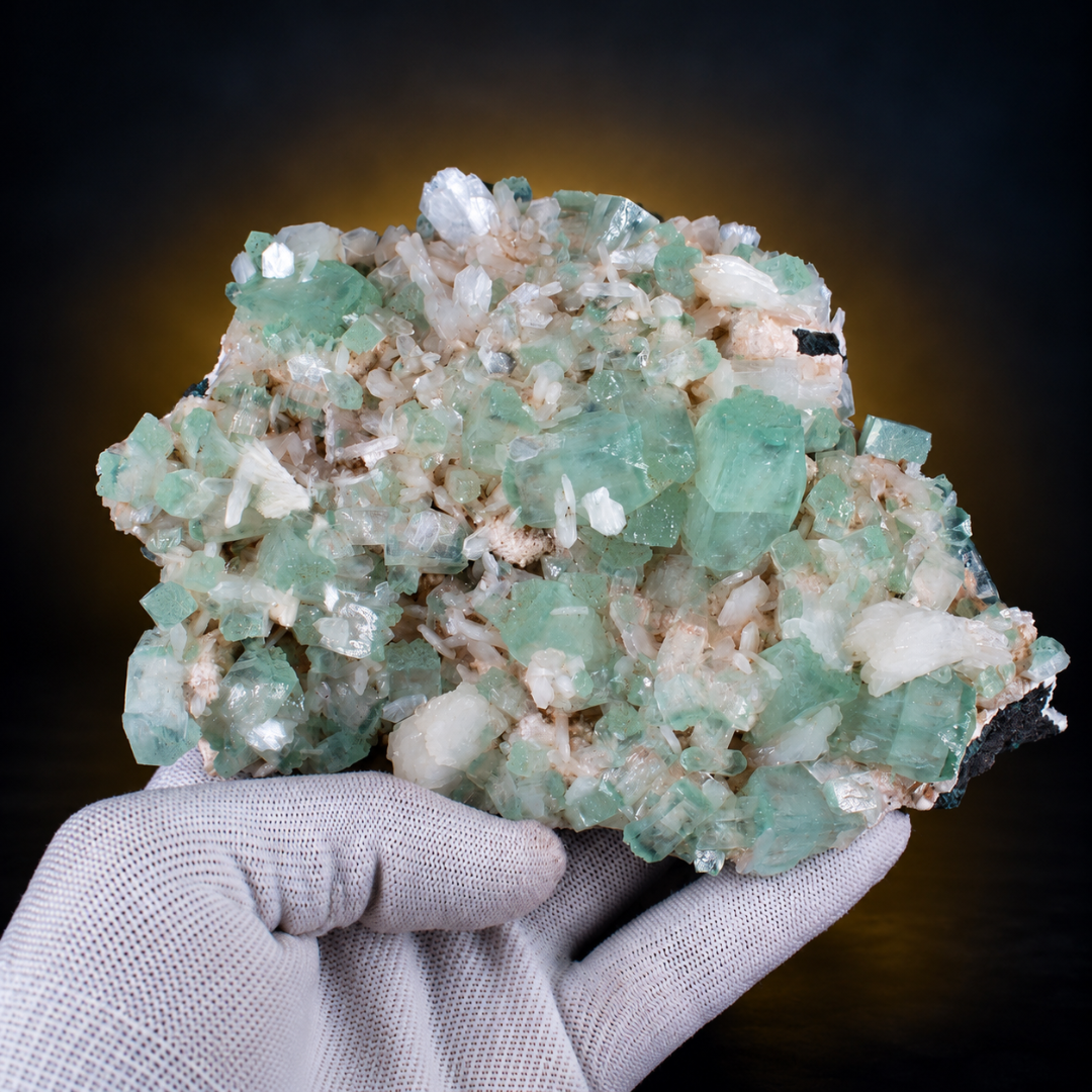 Natural Green Apophyllite with Heulandite Crystal Specimen – India