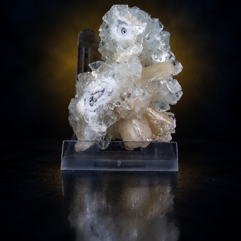 Colourless Apophyllite Crystal Group with Cream Stilbite on White Matrix | 40 g