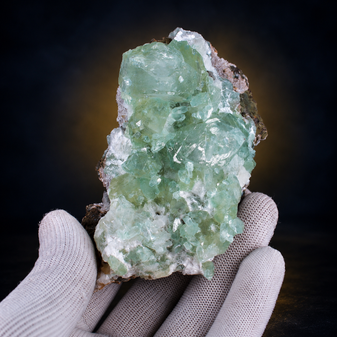 Natural Green Apophyllite with Heulandite Crystal Specimen – India