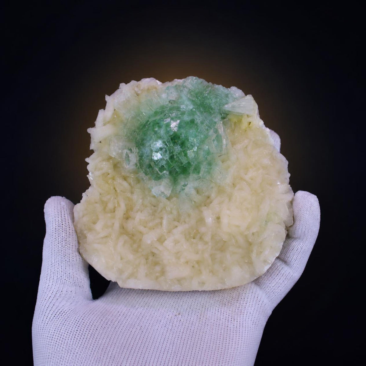 Natural Green Apophyllite with Stilbite Crystal Matrix Mineral Specimen from India 620 gm 13 × 12 × 3 cm