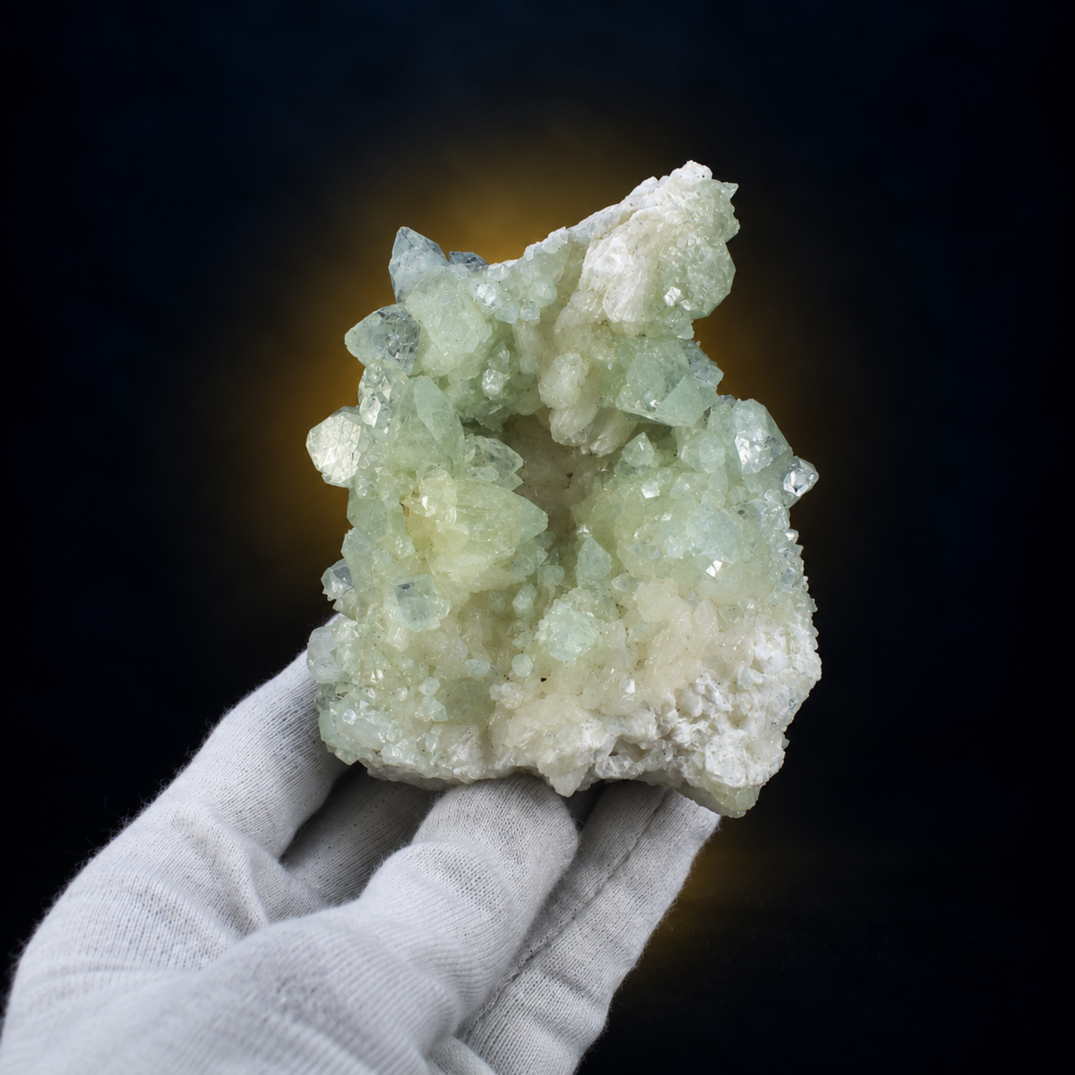 green Apophyllite crystals growing with white Stilbite and Heulandite