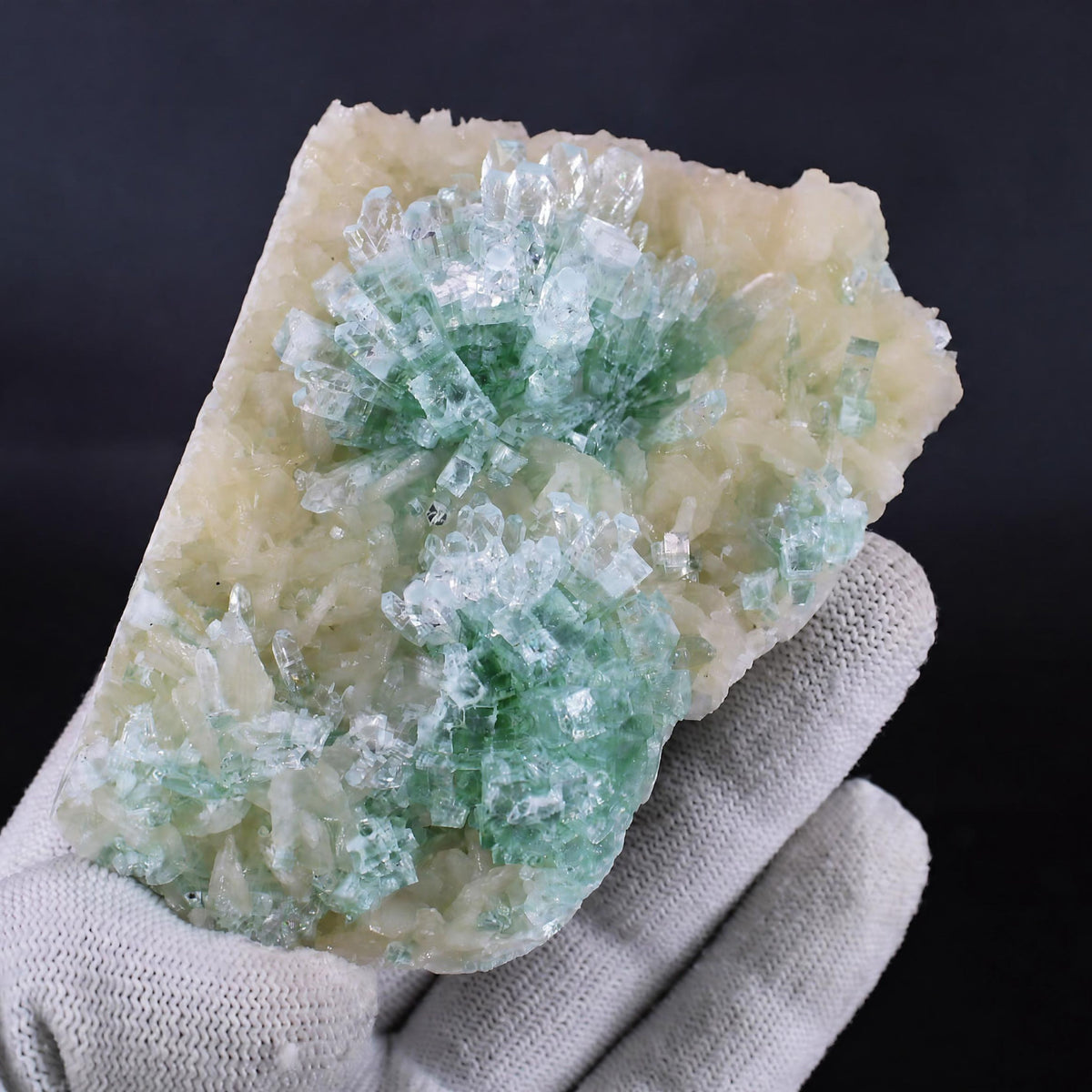 Natural Green Apophyllite with Stilbite Crystal Matrix Mineral Specimen from India 22 gm 11 × 7 × 2 cm