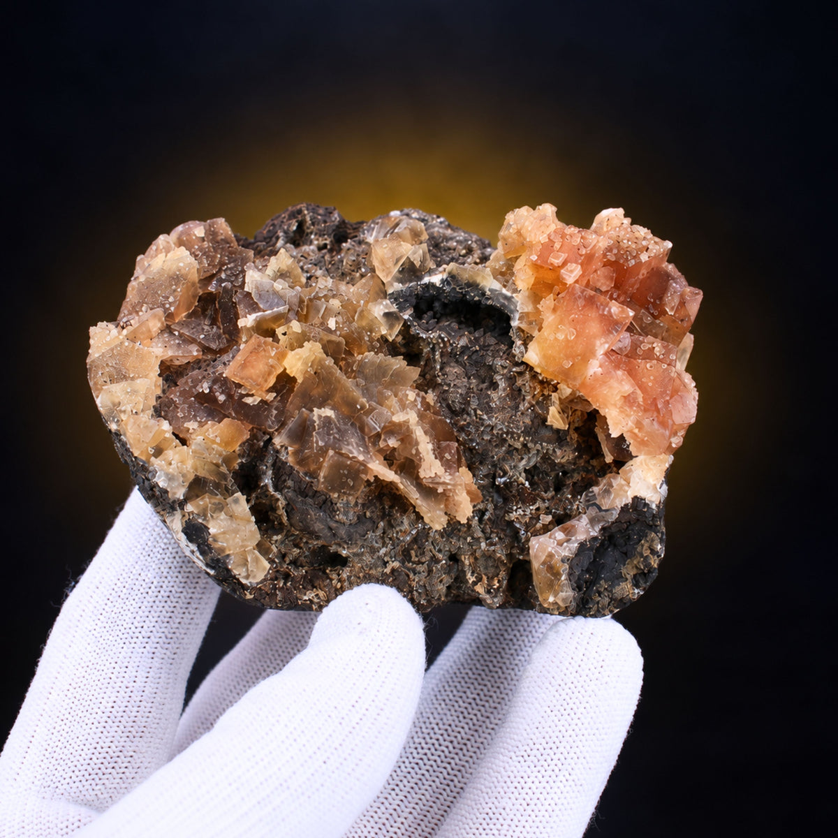 Tabular Red Calcite on Dark Rocky Matrix · 250 g · 9 × 7 × 4 cm