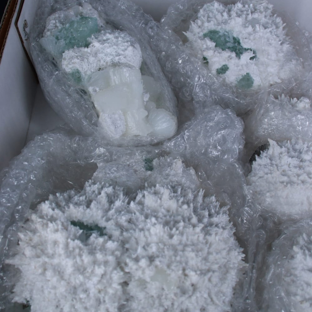 Natural Green Apophyllite with Mordenite Crystal Lot – 8 Pieces from India