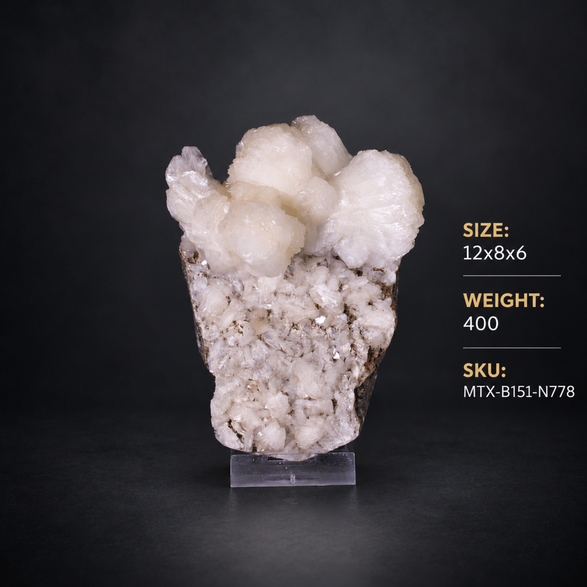 Natural White Stilbite Zeolite Crystal Cluster on Basalt Matrix – 400 g